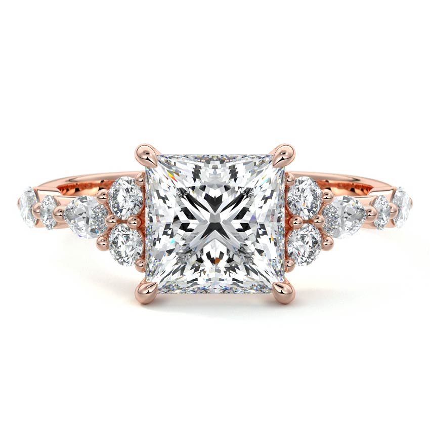 Rose gold Princess Diamond Engagement Ring with Mixed Shape Side Stones and Prong Setting