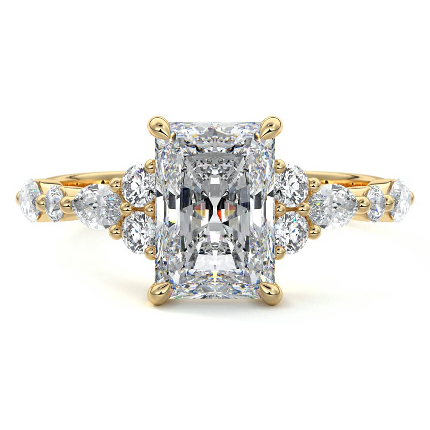 Yellow gold Radiant Diamond Engagement Ring with Mixed Shape Side Stones and Prong Setting