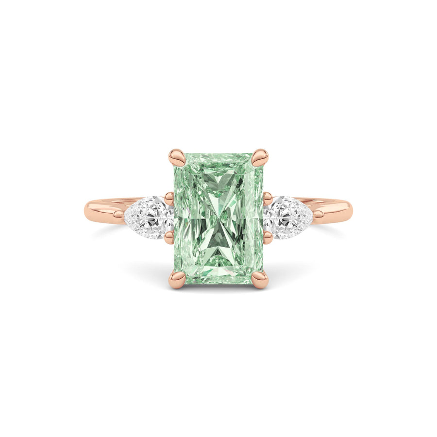 Rose gold Three-Stone Fancy Green Radiant Cut Diamond Ring with Pear Side Stones