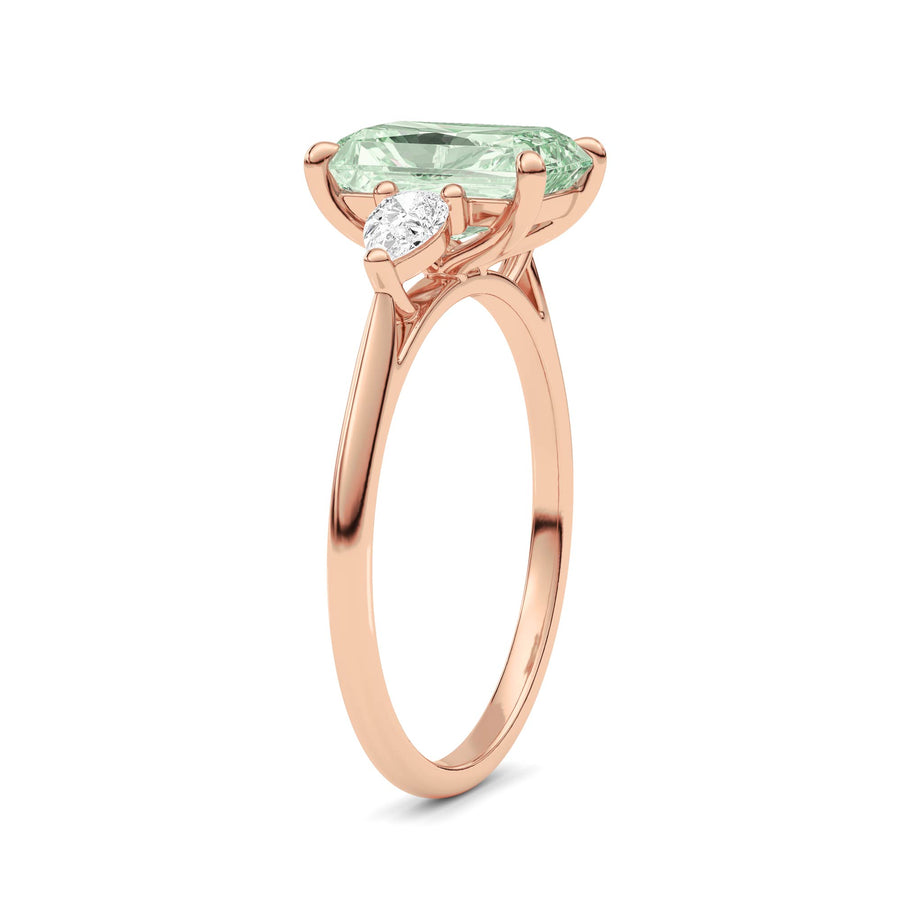 Rose gold Three-Stone Fancy Green Radiant Cut Diamond Ring with Pear Side Stones