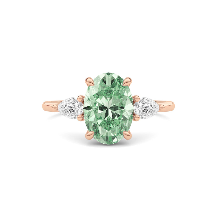 Rose gold Three-Stone Fancy Green Oval Cut Diamond Ring with Pear Side Stones