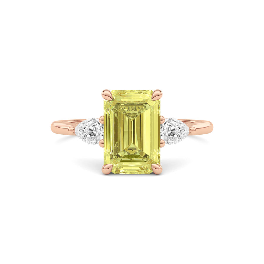 Rose gold Three-Stone Fancy Yellow Emerald Cut Diamond Ring with Pear Side Stones