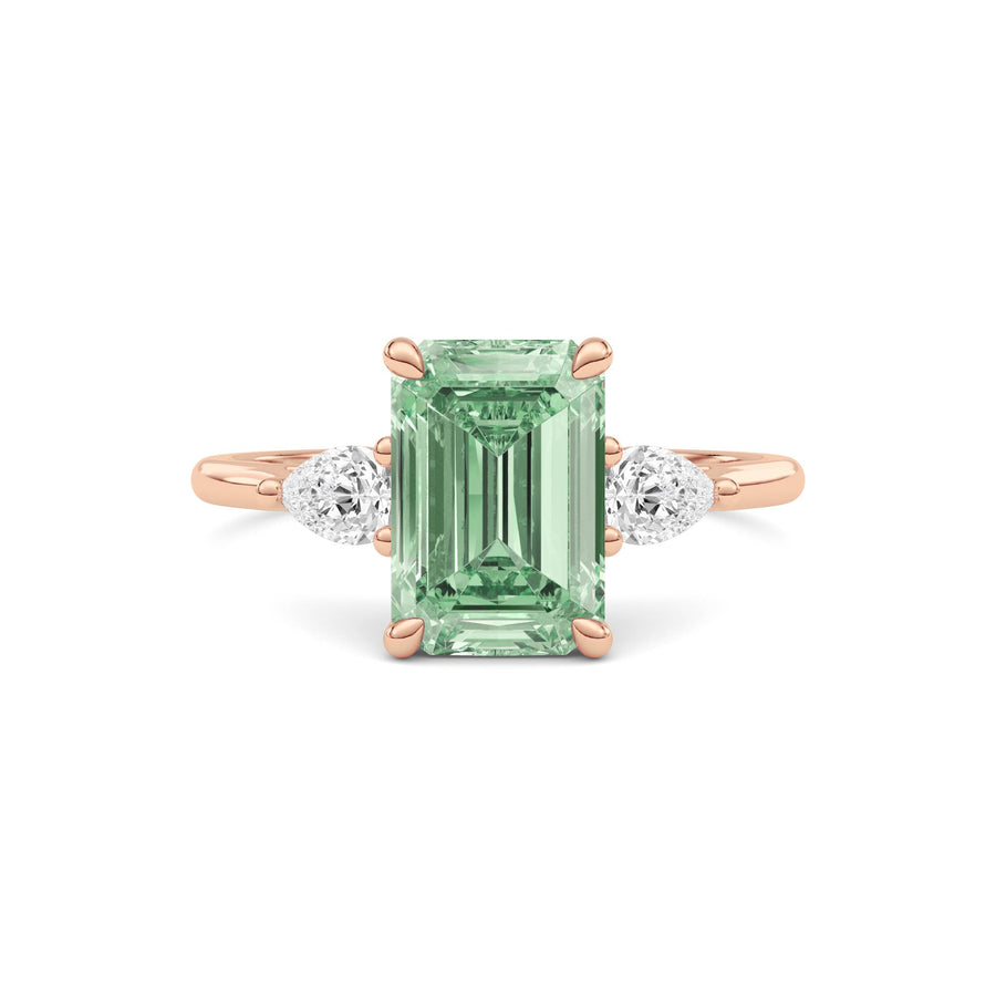 Rose gold Three-Stone Fancy Green Emerald Cut Diamond Ring with Pear Side Stones