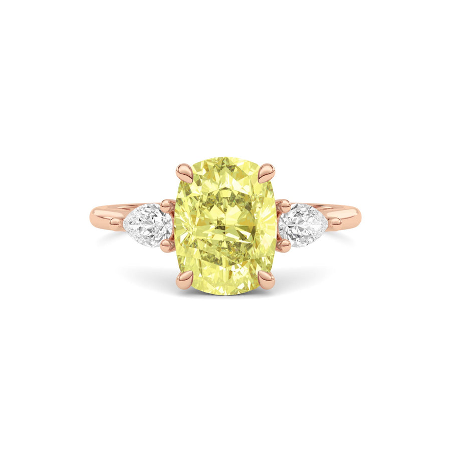 Rose gold Three-Stone Fancy Yellow Cushion Cut Diamond Ring with Pear Side Stones