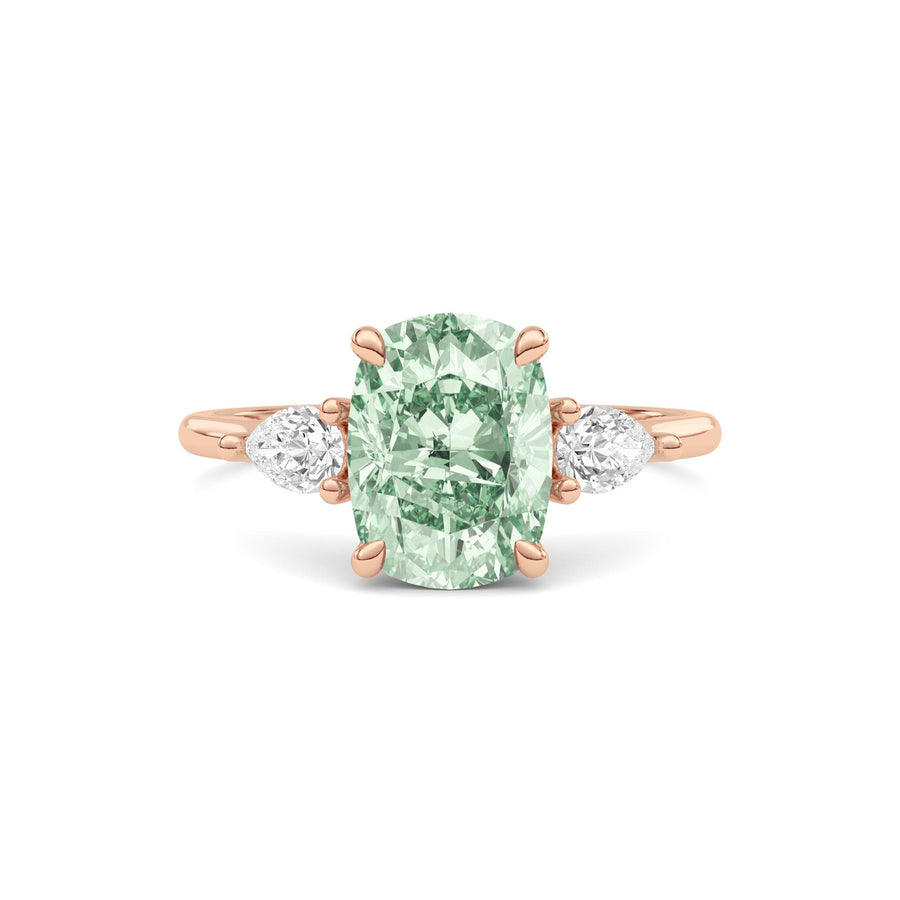 Rose gold Three-Stone Fancy Green Cushion Cut Diamond Ring with Pear Side Stones