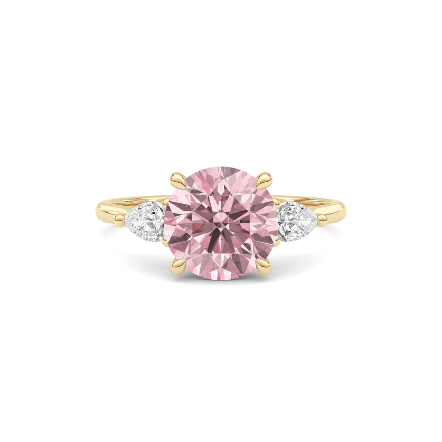 Yellow gold Three-Stone Fancy Pink Round Cut Diamond Ring with Pear Side Stones