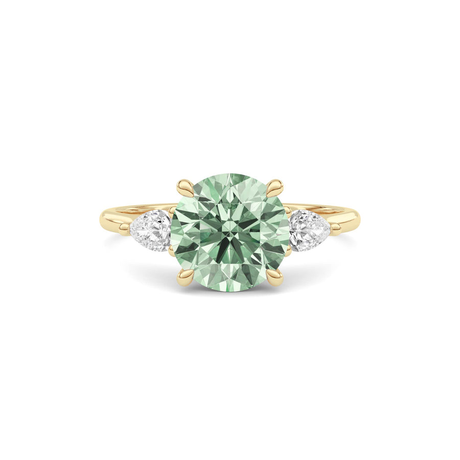 Yellow gold Three-Stone Fancy Green Round Cut Diamond Ring with Pear Side Stones