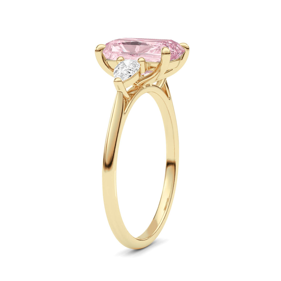 Yellow gold Three-Stone Fancy Pink Radiant Cut Diamond Ring with Pear Side Stones