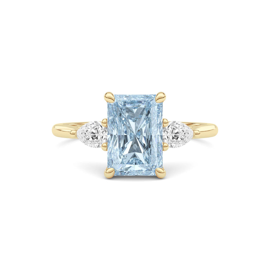 Yellow gold Three-Stone Fancy Blue Radiant Cut Diamond Ring with Pear Side Stones