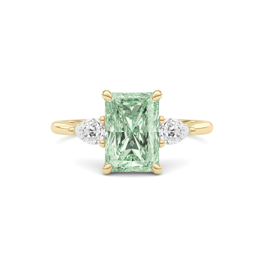 Yellow gold Three-Stone Fancy Green Radiant Cut Diamond Ring with Pear Side Stones