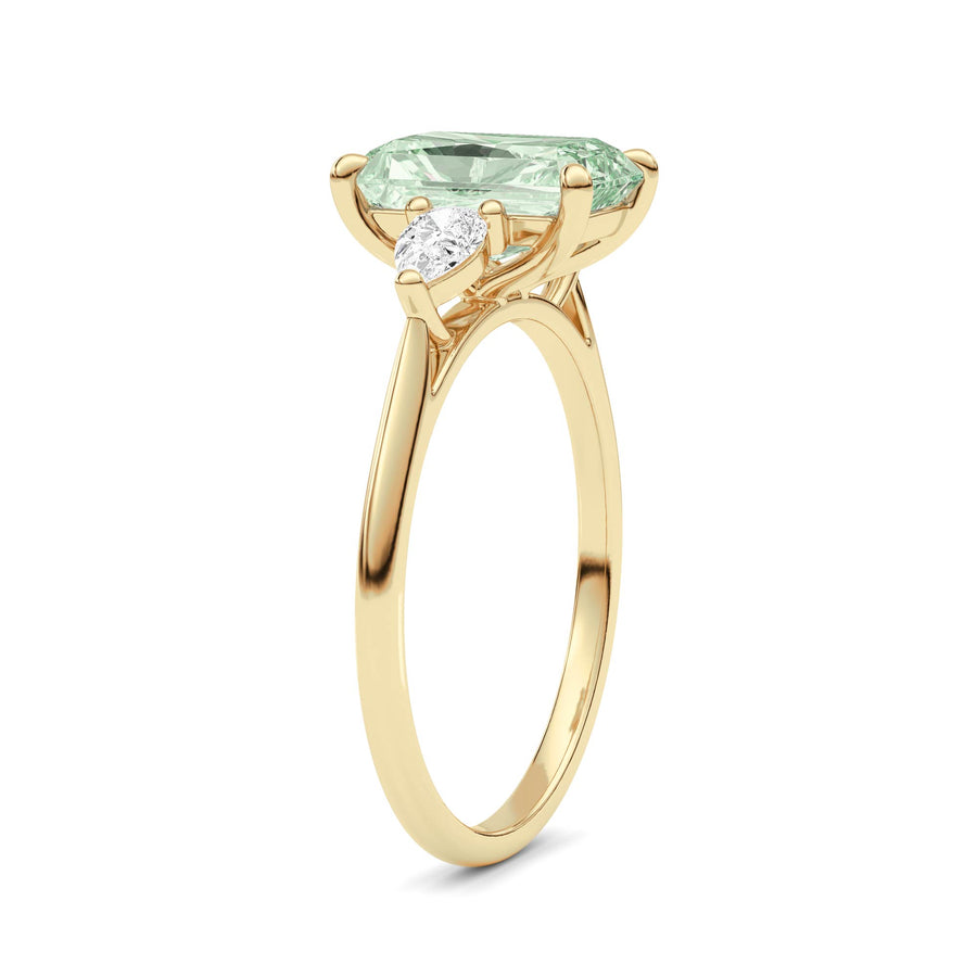 Yellow gold Three-Stone Fancy Green Radiant Cut Diamond Ring with Pear Side Stones