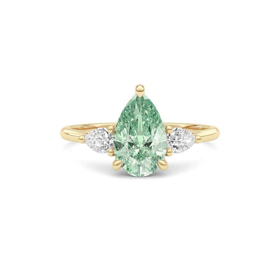 Yellow gold Three-Stone Fancy Green Pear Cut Diamond Ring with Pear Side Stones