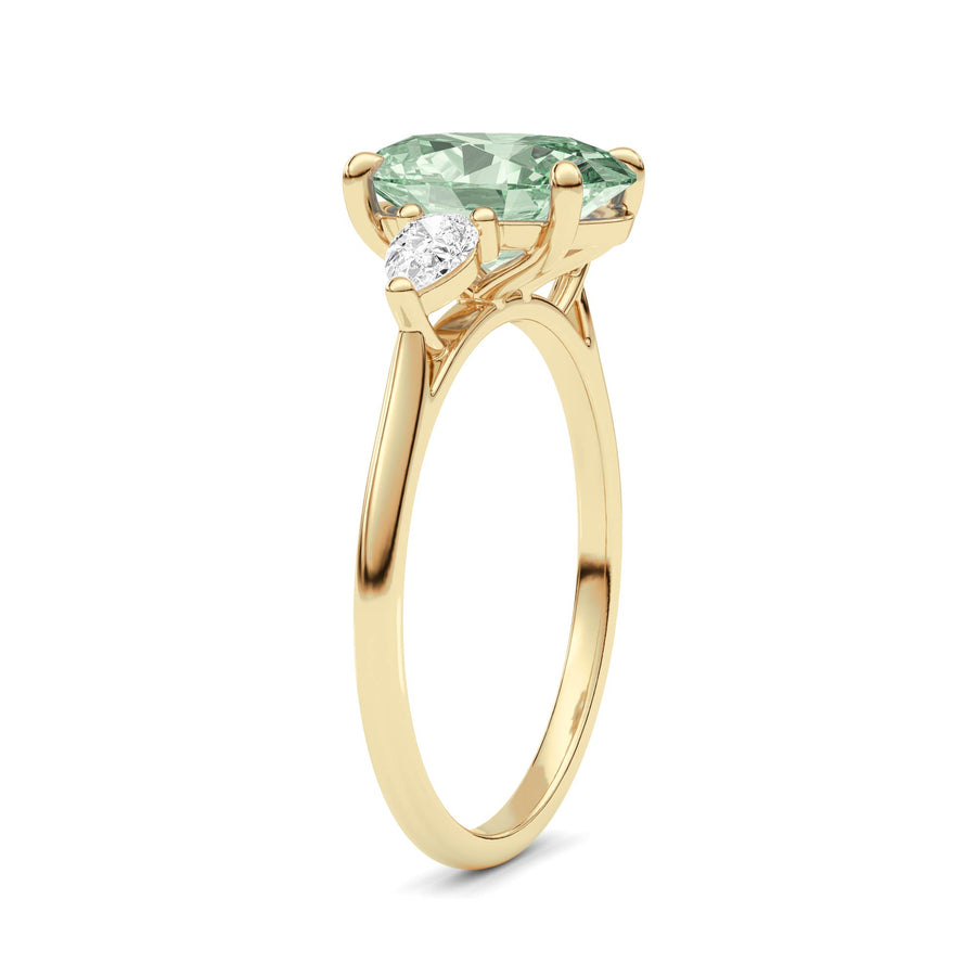 Yellow gold Three-Stone Fancy Green Oval Cut Diamond Ring with Pear Side Stones