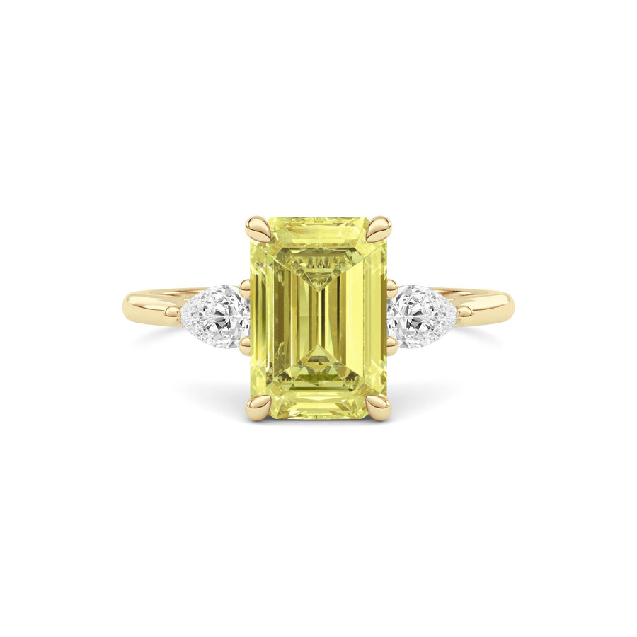 Yellow gold Three-Stone Fancy Yellow Emerald Cut Diamond Ring with Pear Side Stones