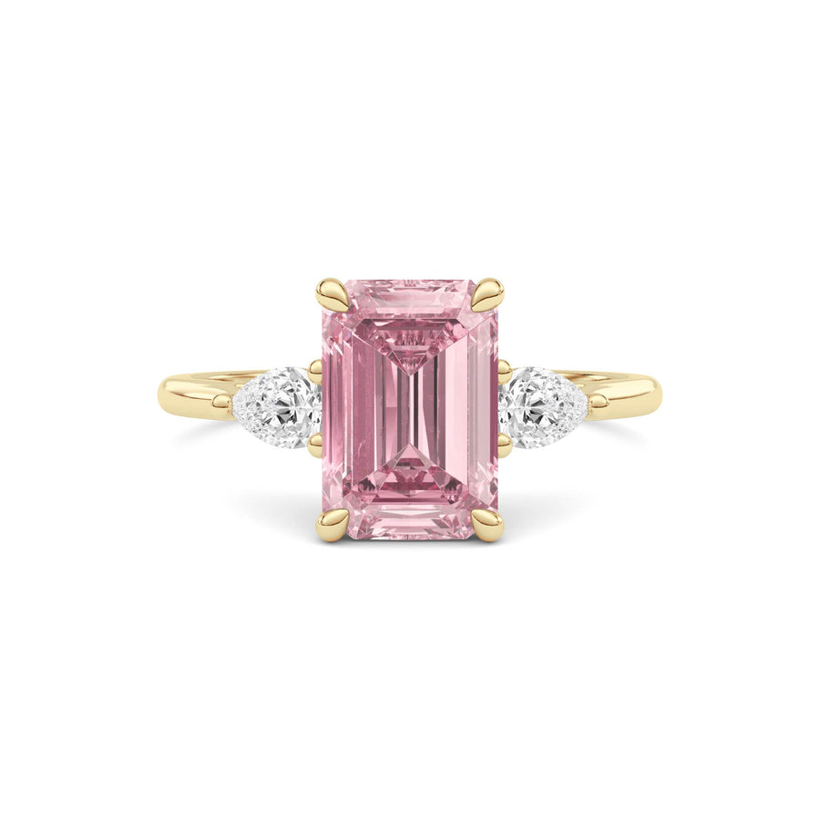 Yellow gold Three-Stone Fancy Pink Emerald Cut Diamond Ring with Pear Side Stones