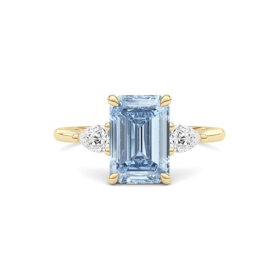 Yellow gold Three-Stone Fancy Blue Emerald Cut Diamond Ring with Pear Side Stones