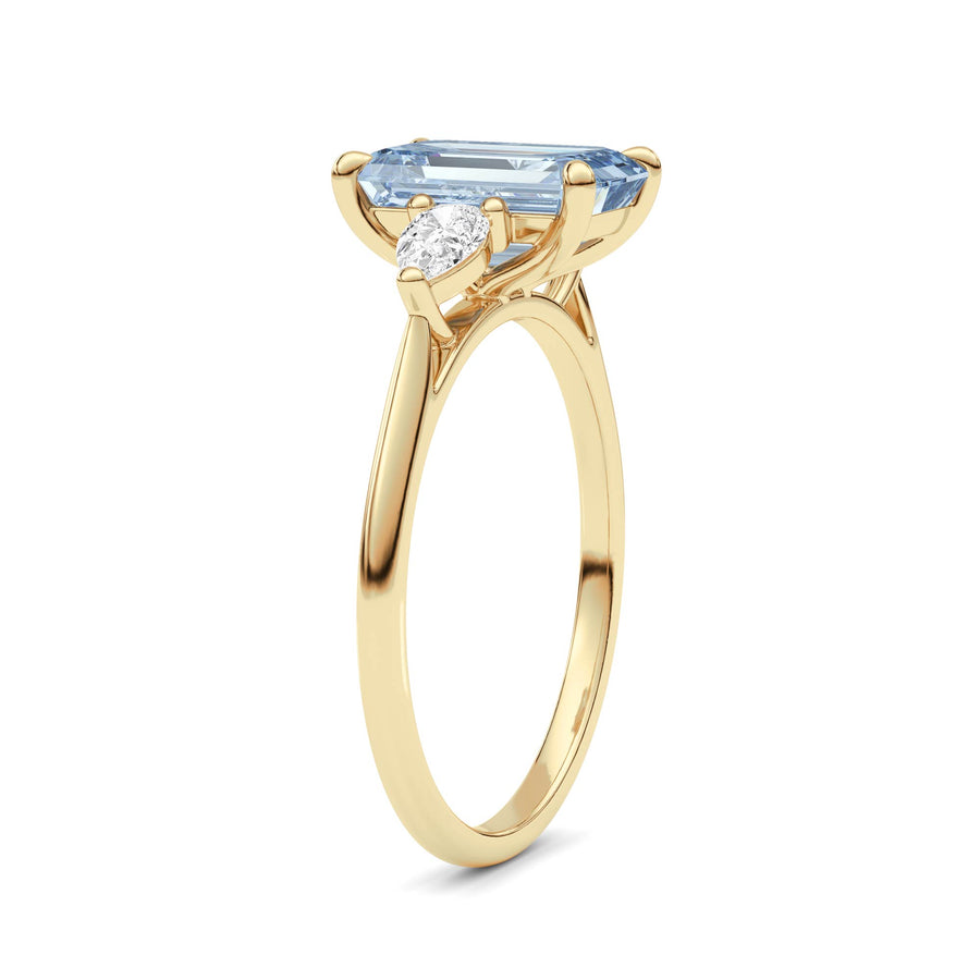 Yellow gold Three-Stone Fancy Blue Emerald Cut Diamond Ring with Pear Side Stones