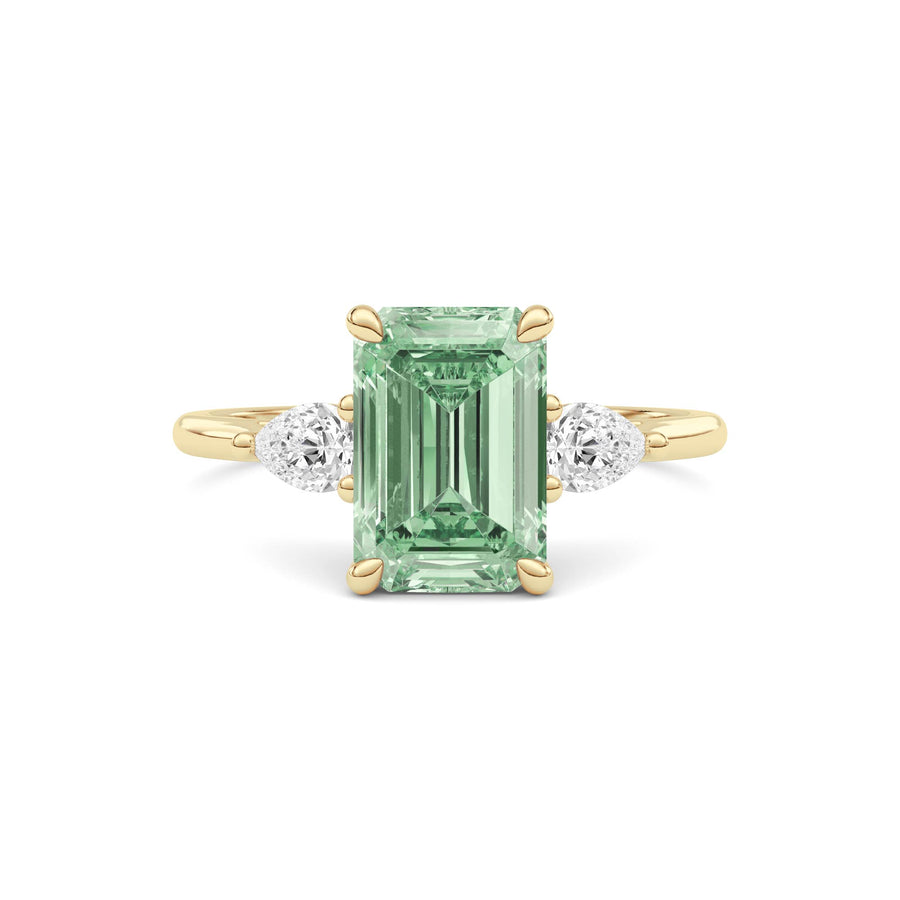 Yellow gold Three-Stone Fancy Green Emerald Cut Diamond Ring with Pear Side Stones