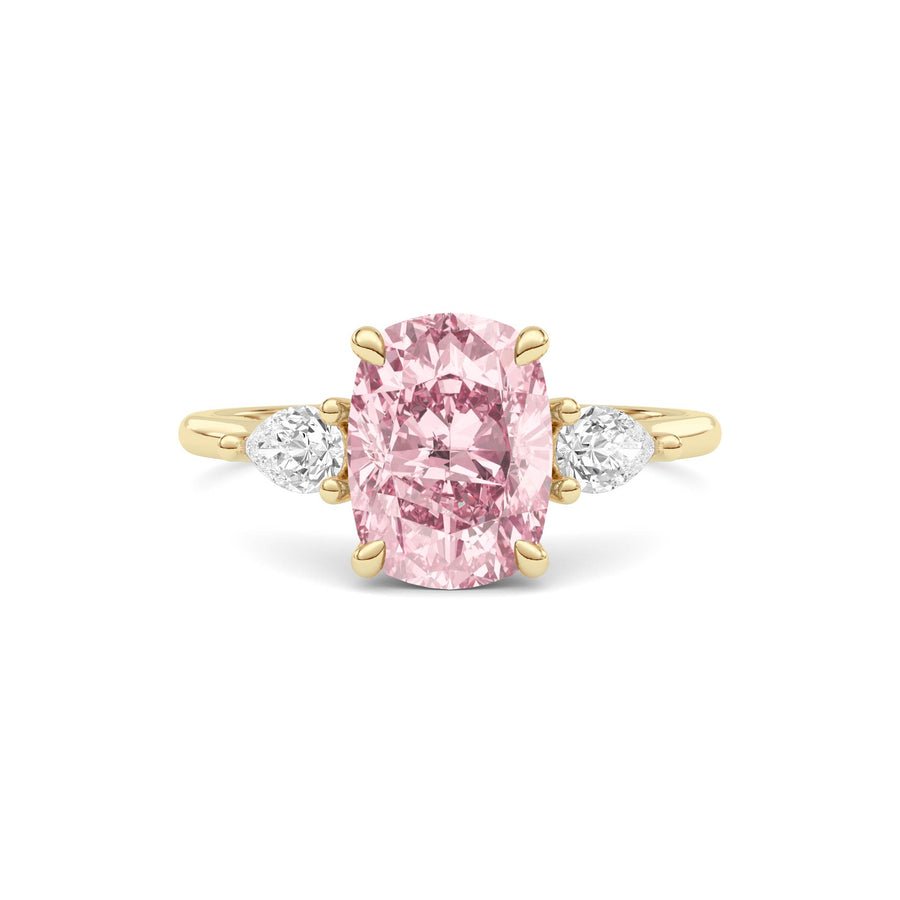 Yellow gold Three-Stone Fancy Pink Cushion Cut Diamond Ring with Pear Side Stones
