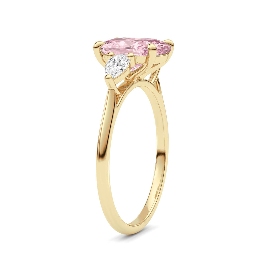 Yellow gold Three-Stone Fancy Pink Cushion Cut Diamond Ring with Pear Side Stones