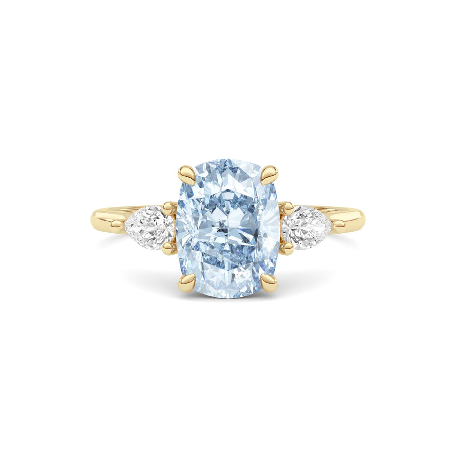 Yellow gold Three-Stone Fancy Blue Cushion Cut Diamond Ring with Pear Side Stones