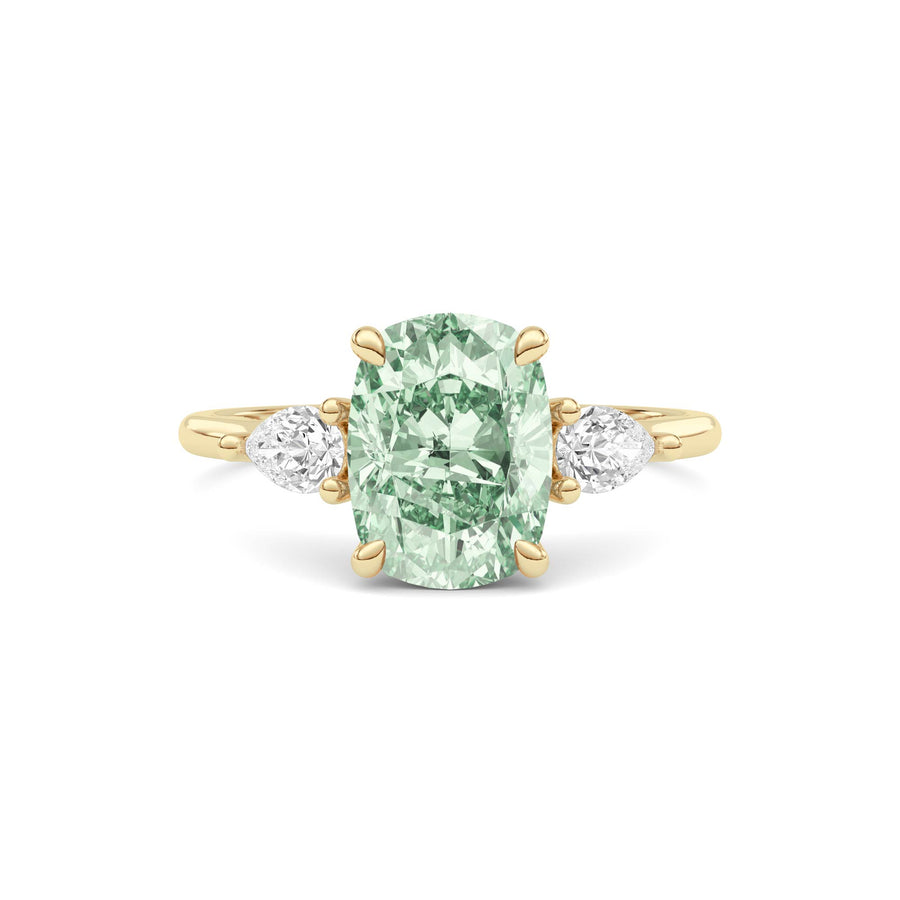 Yellow gold Three-Stone Fancy Green Cushion Cut Diamond Ring with Pear Side Stones