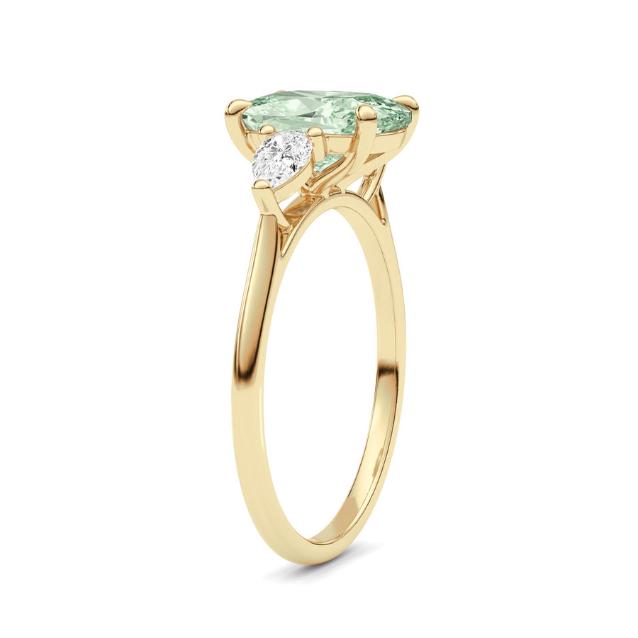Yellow gold Three-Stone Fancy Green Cushion Cut Diamond Ring with Pear Side Stones