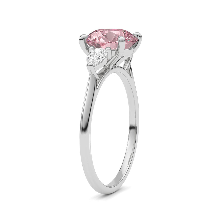 White gold Three-Stone Fancy Pink Round Cut Diamond Ring with Pear Side Stones
