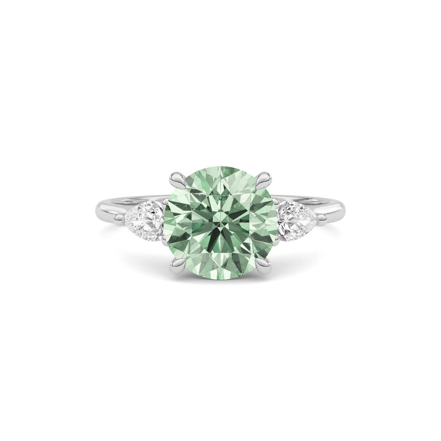 White gold Three-Stone Fancy Green Round Cut Diamond Ring with Pear Side Stones