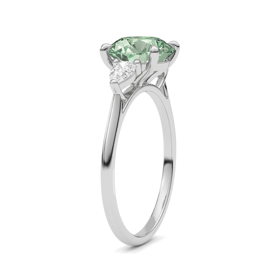 White gold Three-Stone Fancy Green Round Cut Diamond Ring with Pear Side Stones