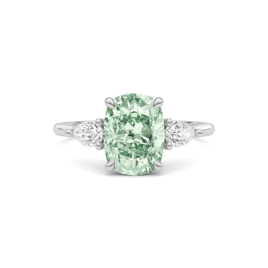 White gold Three-Stone Fancy Green Cushion Cut Diamond Ring with Pear Side Stones