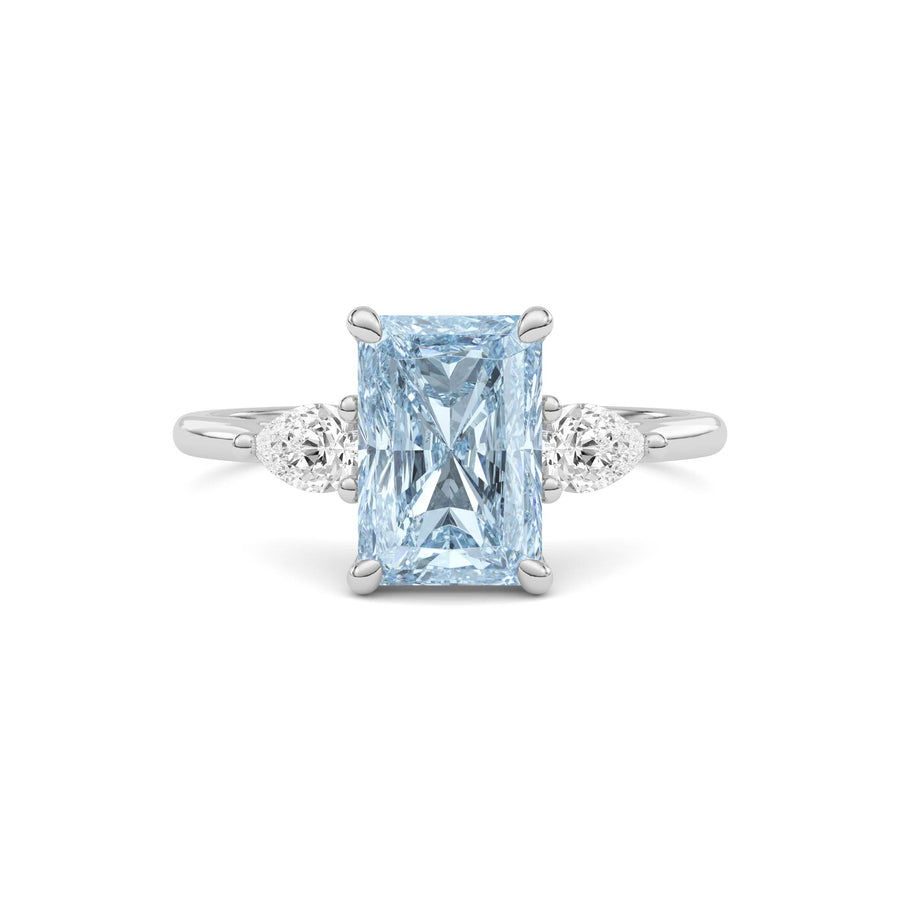 Silver Three-Stone Fancy Blue Radiant Cut Diamond Ring with Pear Side Stones