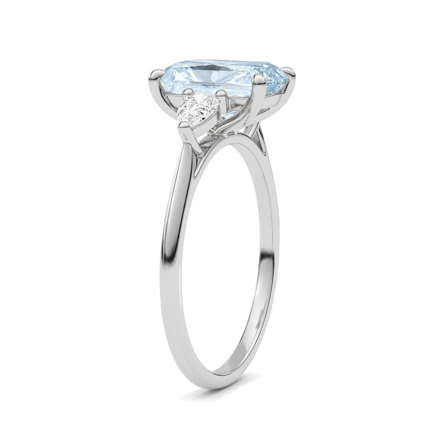 Silver Three-Stone Fancy Blue Radiant Cut Diamond Ring with Pear Side Stones