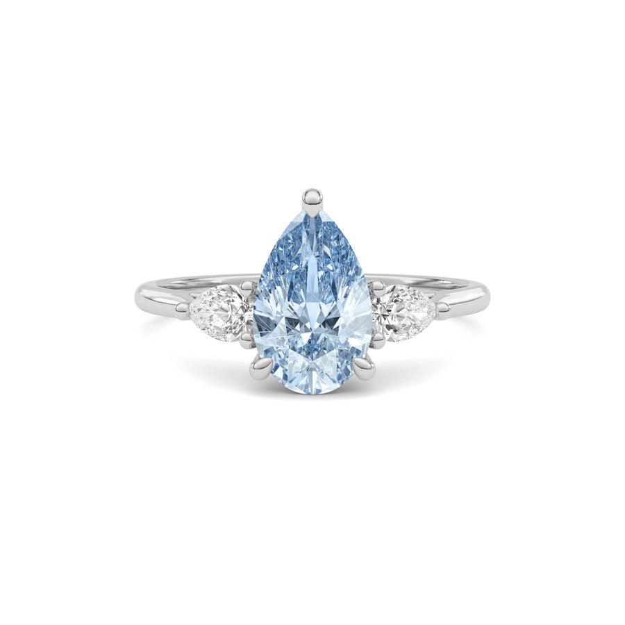 Silver Three-Stone Fancy Blue Pear Cut Diamond Ring with Pear Side Stones