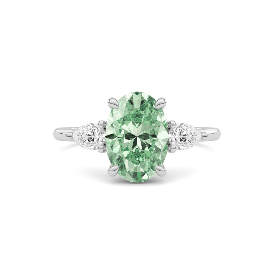 Silver Three-Stone Fancy Green Oval Cut Diamond Ring with Pear Side Stones