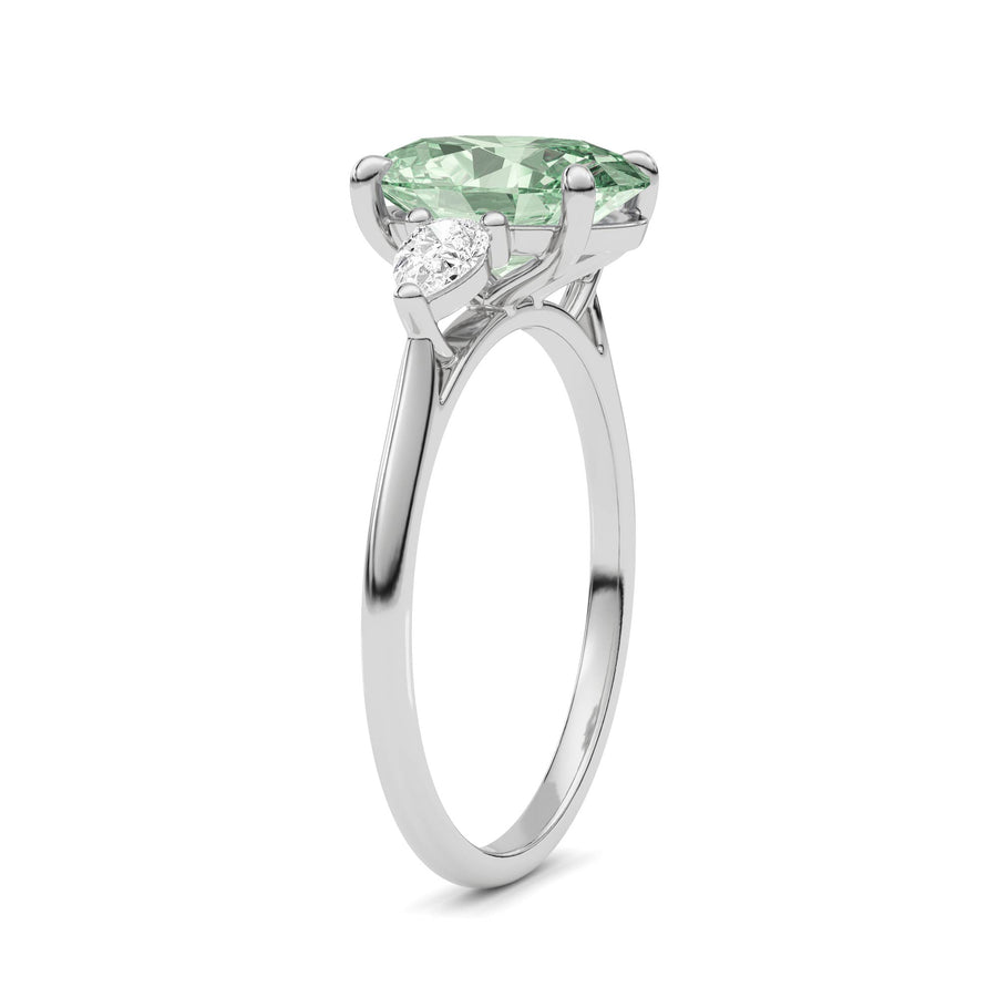 Silver Three-Stone Fancy Green Oval Cut Diamond Ring with Pear Side Stones