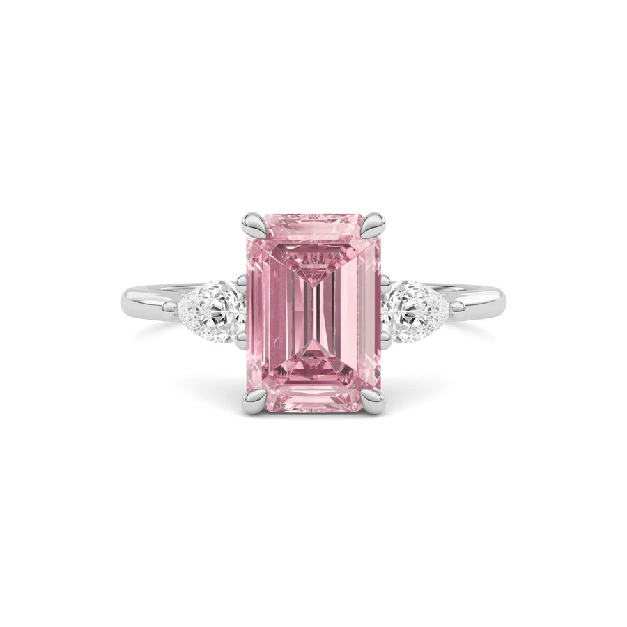 Silver Three-Stone Fancy Pink Emerald Cut Diamond Ring with Pear Side Stones
