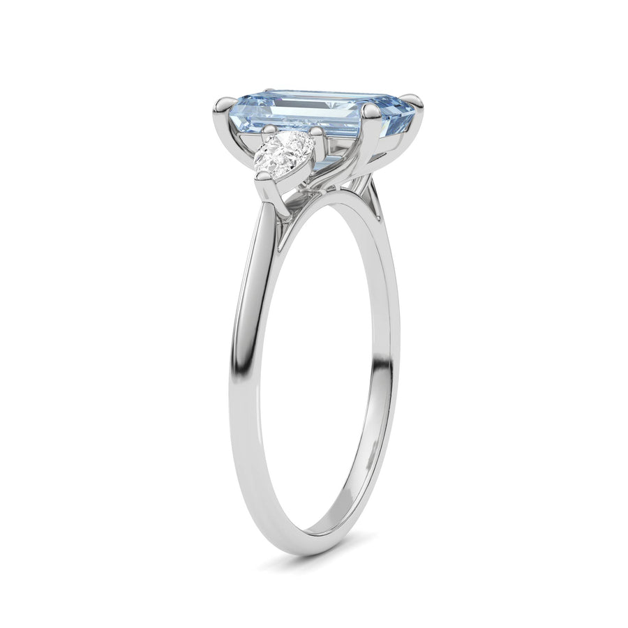Silver Three-Stone Fancy Blue Emerald Cut Diamond Ring with Pear Side Stones