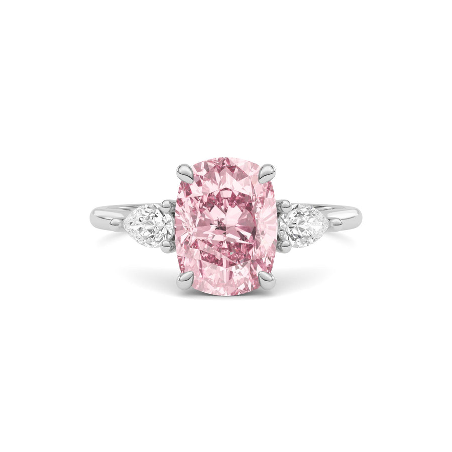 Silver Three-Stone Fancy Pink Cushion Cut Diamond Ring with Pear Side Stones