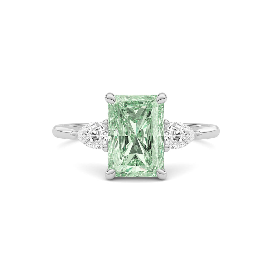Platinum Three-Stone Fancy Green Radiant Cut Diamond Ring with Pear Side Stones