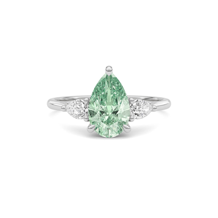 Platinum Three-Stone Fancy Green Pear Cut Diamond Ring with Pear Side Stones