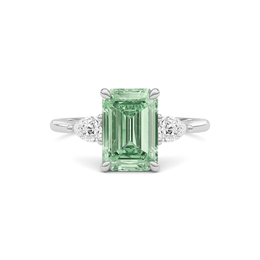 Platinum Three-Stone Fancy Green Emerald Cut Diamond Ring with Pear Side Stones