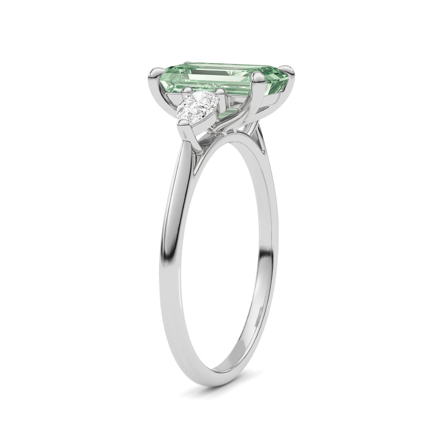 Platinum Three-Stone Fancy Green Emerald Cut Diamond Ring with Pear Side Stones