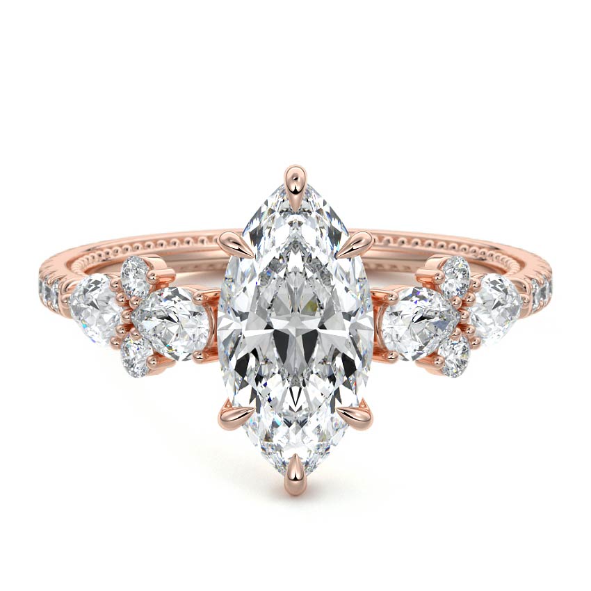 Rose gold Marquise Solitaire Diamond Engagement Ring with Floral Cluster Side Stones and Pave Band