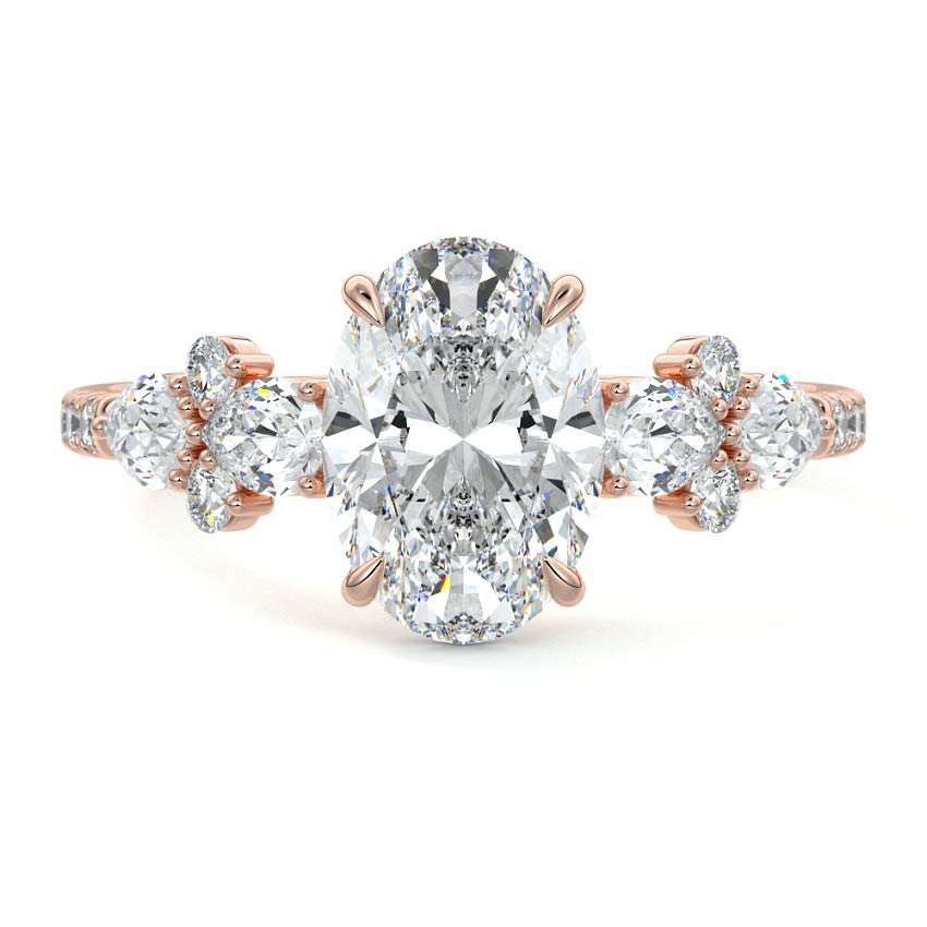 Rose gold Oval Solitaire Diamond Engagement Ring with Floral Cluster Side Stones and Pave Band
