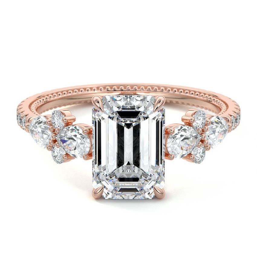Rose gold Emerald Solitaire Diamond Engagement Ring with Floral Cluster Side Stones and Pave Band