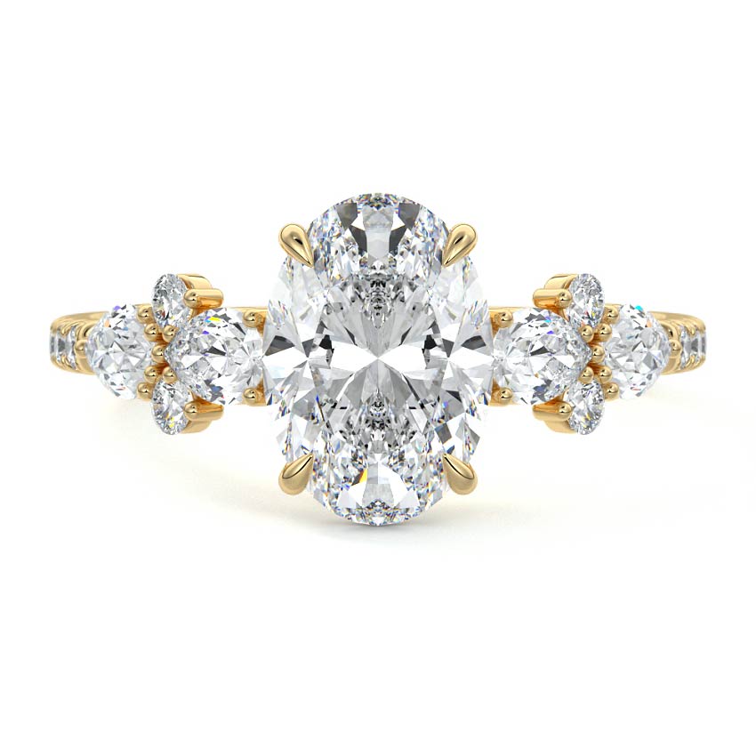 Yellow gold Oval Solitaire Diamond Engagement Ring with Floral Cluster Side Stones and Pave Band