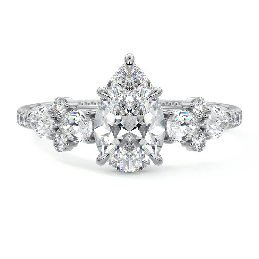 White gold Pear Solitaire Diamond Engagement Ring with Floral Cluster Side Stones and Pave Band
