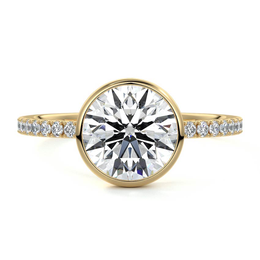 Yellow gold Round Bezel Set Solitaire Diamond Engagement Ring with Pave Band