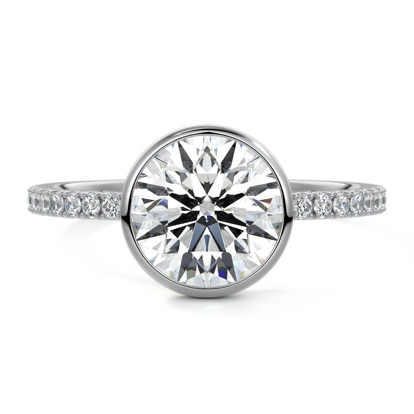White gold Round Bezel Set Solitaire Diamond Engagement Ring with Pave Band